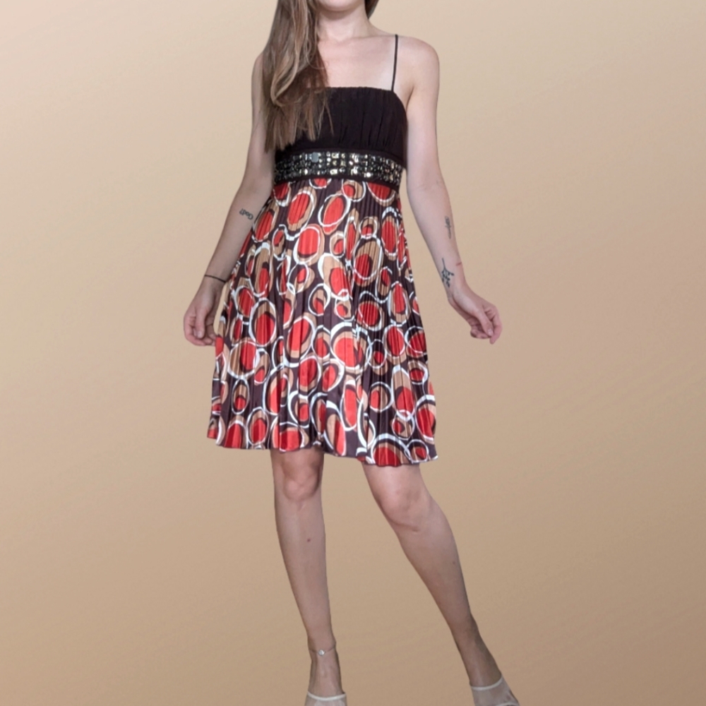 Y2K Vintage Taboo Retro Style Pleated Satin Mini Dress Orange & Brown M